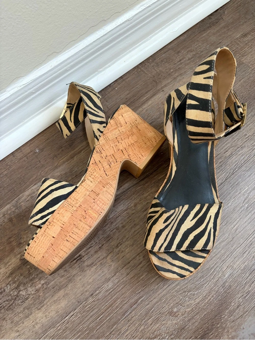 H&M Zebra Print Cork Platform Sandals Size 8 Y2K Coquette Safari Chunky Heels